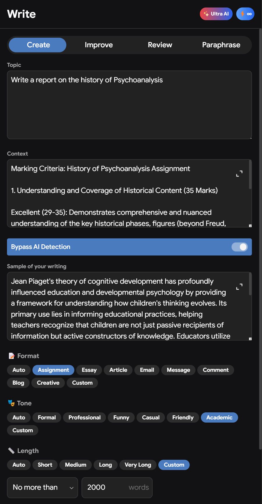 A screenshot of the "Write" mode interface, showing the text box where you input your writing sample