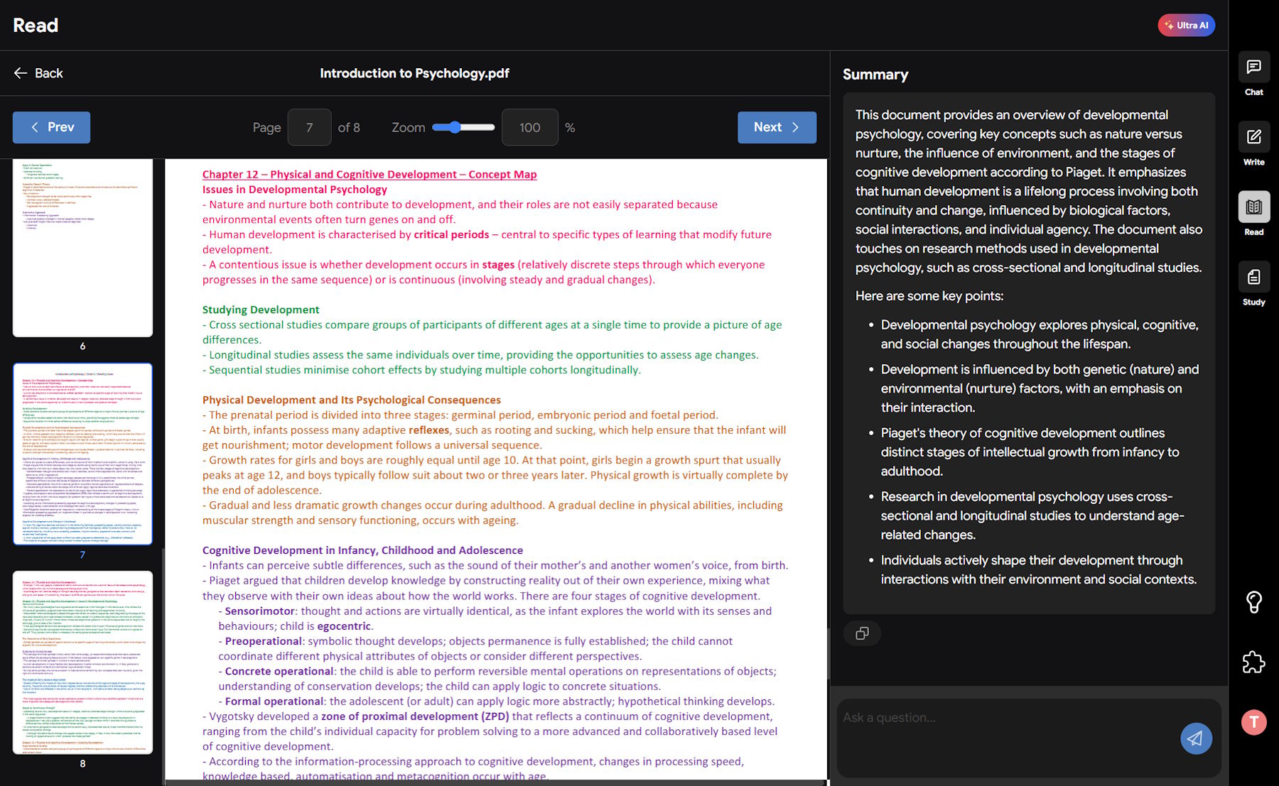 On the left, a screenshot of a dense, text-heavy academic PDF. On the right, a screenshot of the clean AtomAI interface showing a concise, bullet-pointed summary of the same document.