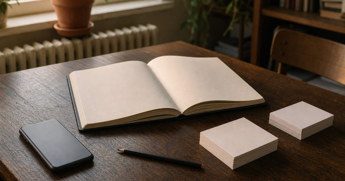 A face-down phone, pencil, open notebook, and two piles of paper cards sit on a desk.