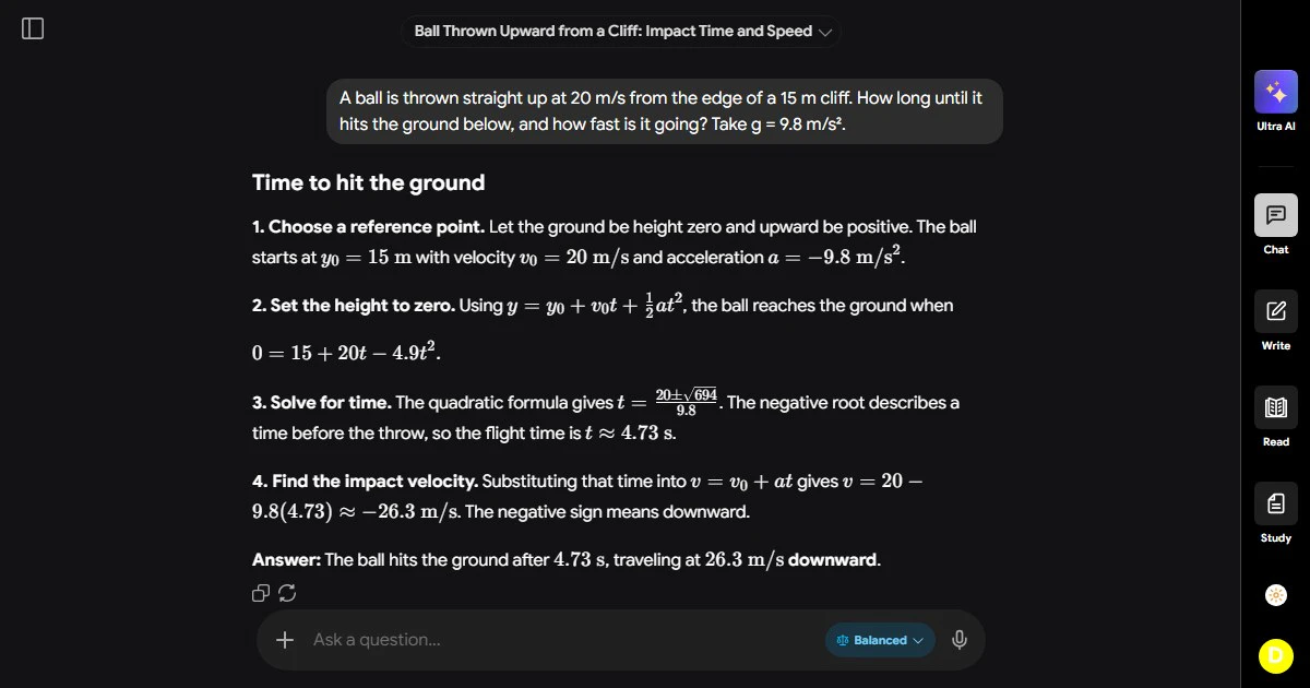 An Ultra AI answer from GPT-6 Sol working through a projectile motion problem step by step