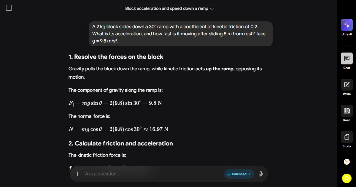 An Ultra AI answer from GPT-6.1 Sol resolving the forces on a block sliding down a ramp