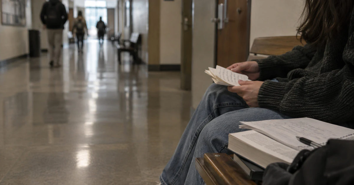 A student seated on a corridor bench holds handwritten flashcards outside a lecture hall.