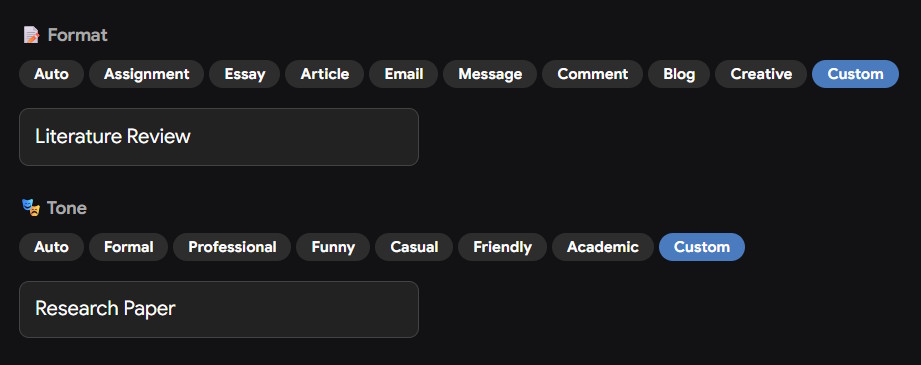 Custom tones and formats