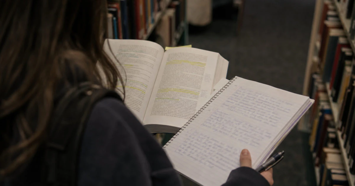 Student in a library aisle holding a highlighted textbook and a notebook filled with handwritten questions.