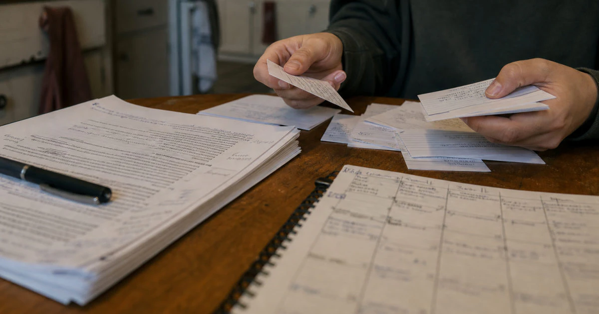 Hands sorting handwritten flashcards beside annotated lecture slides and a filled study calendar on a kitchen table.
