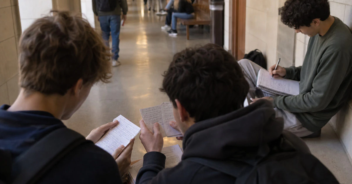 Three students in a corridor hold written question cards and a partly filled notebook.