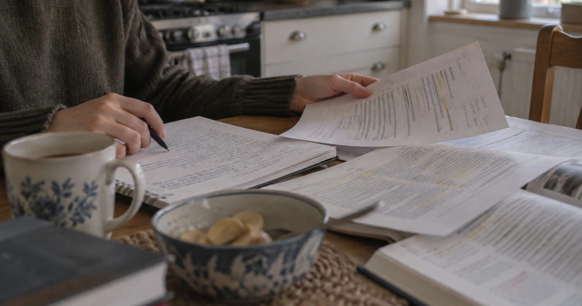 Hands hold annotated printed lecture slides beside an open notebook on a kitchen table.