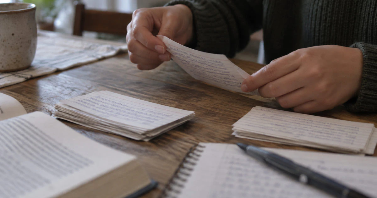 Hands holding a handwritten flashcard beside two small piles of cards on a kitchen table.