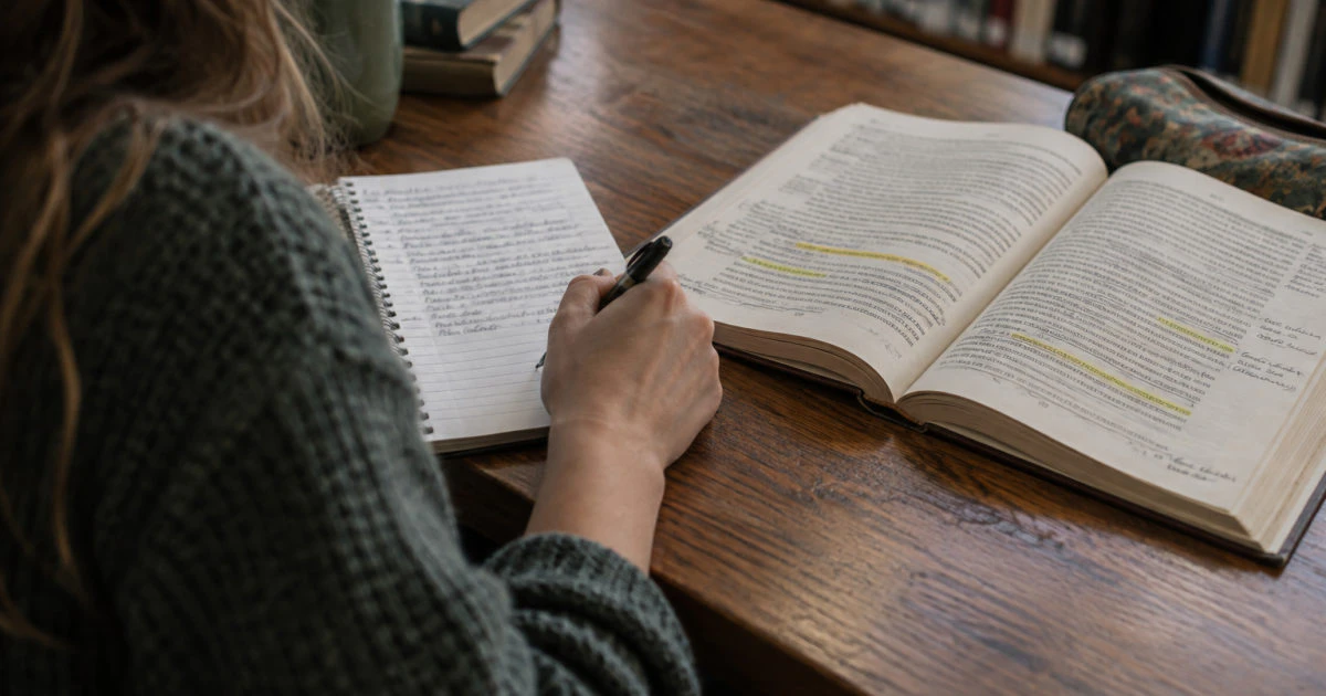 An open annotated textbook beside a notebook filled with handwritten notes at a library table.