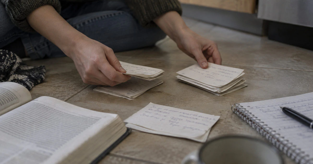 Hands sorting handwritten flashcards into two piles on a kitchen floor.